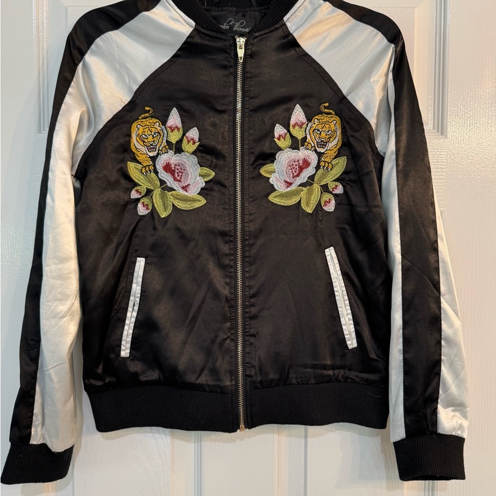 Vintage Brandon Thomas Satin Bomber Jacket with Embroidered Tiger Motif